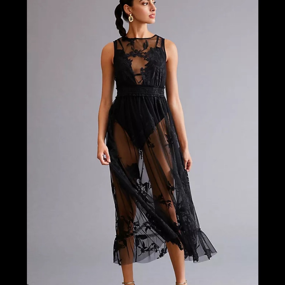 Anthropologie Embroidered Mesh Maxi Dress